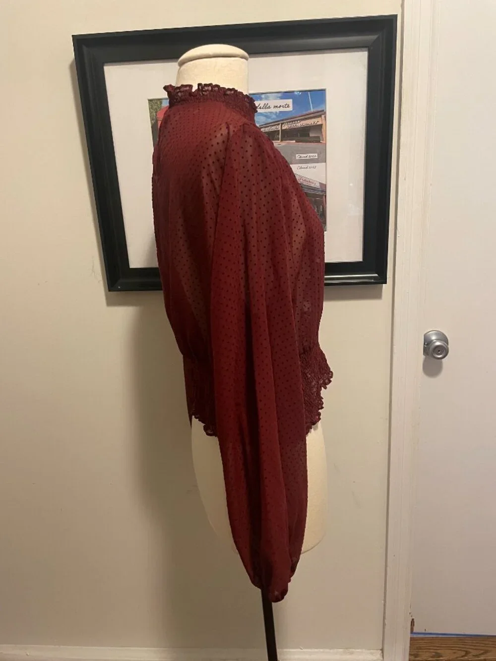 Zara smocked + Crocheted sheer high neck sheer blouse size XL